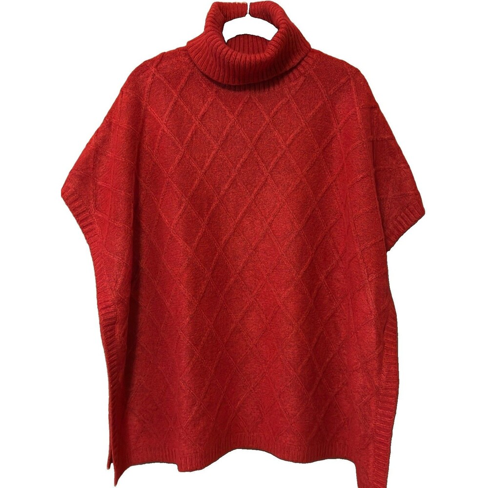 LOFT Red Diamond Cable Knit Turtleneck Poncho Sweater 762546